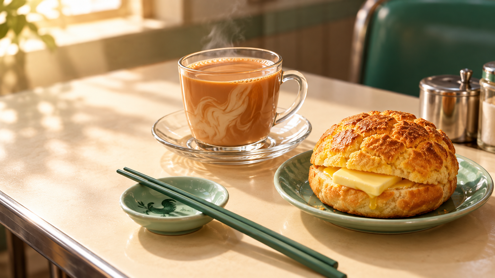 Illustrative HK style breakfast set with milk tea and a pineapple bun