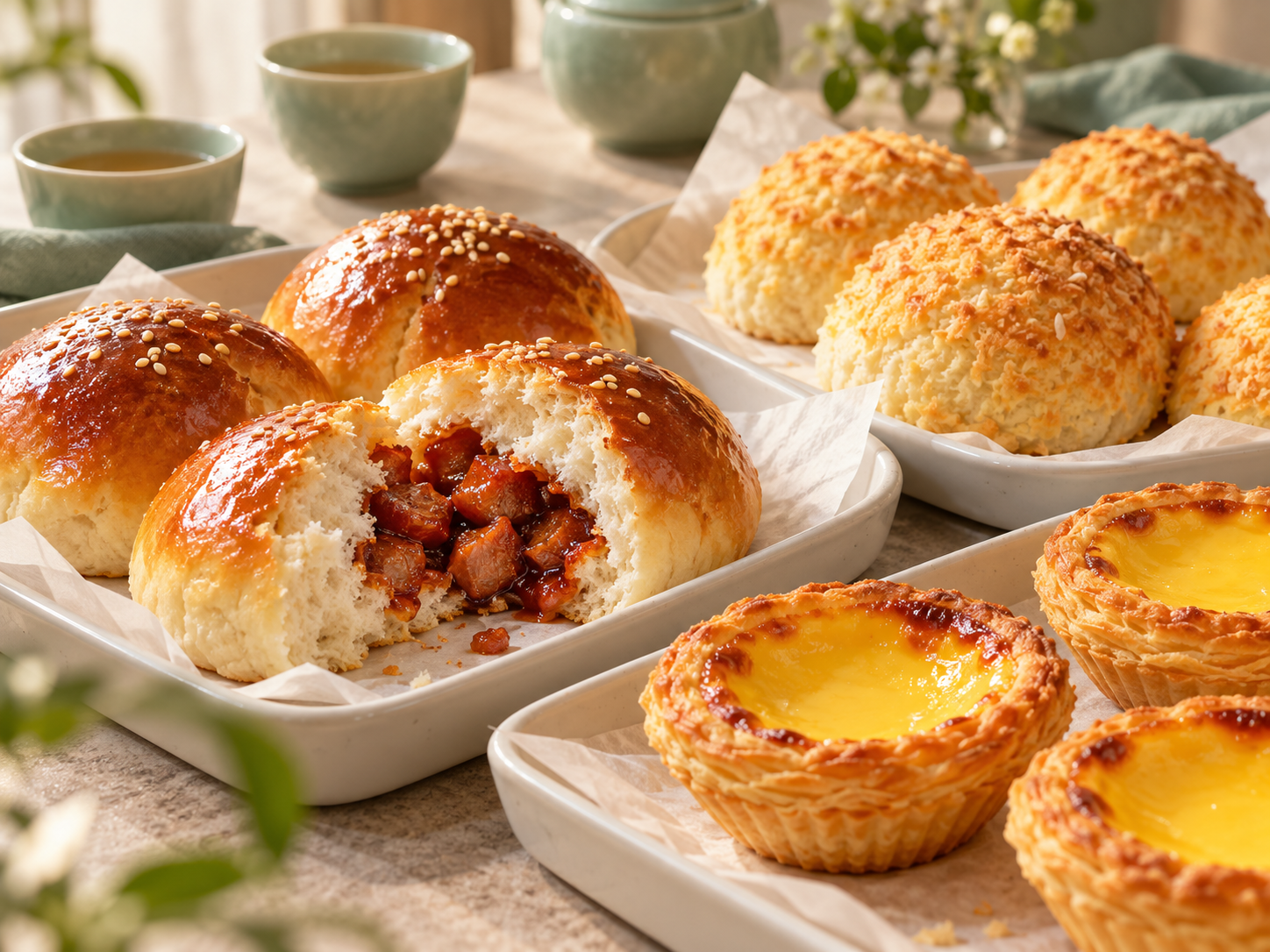 Illustrative study of Chinese bakery buns and egg tarts on white trays